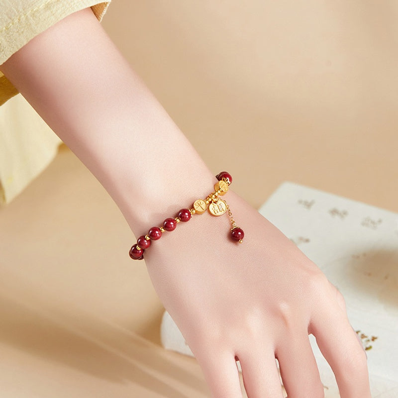 Pressed Cinnabar Four-Leaf Clover Bracelet-Peace & Good Fortune