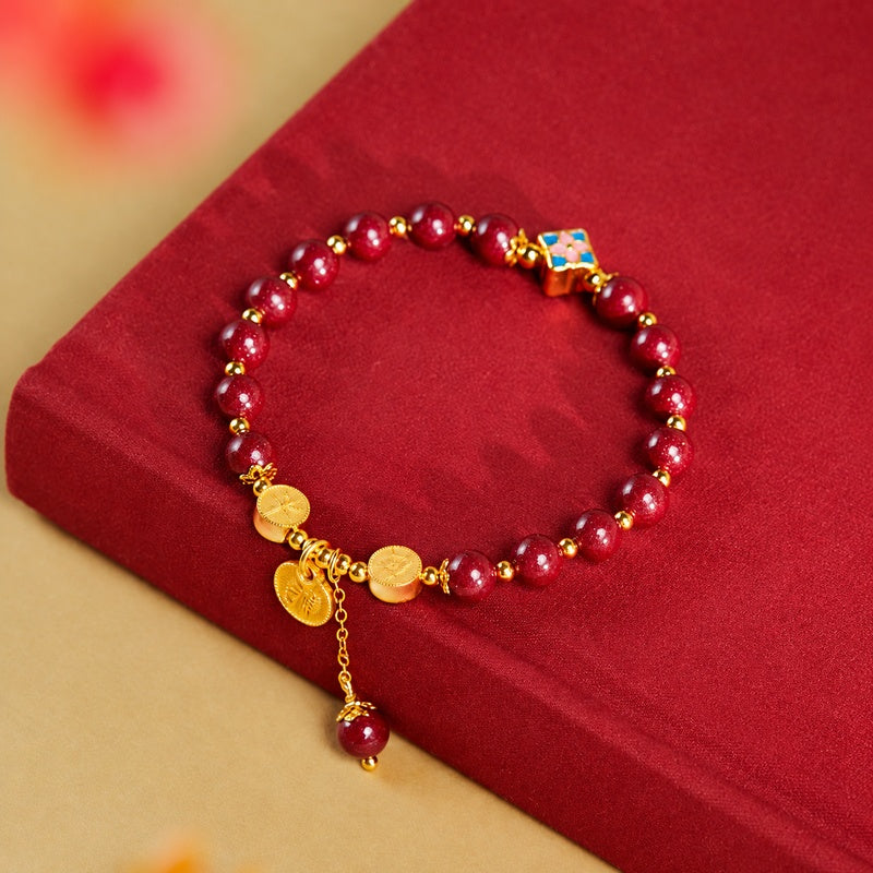 Pressed Cinnabar Four-Leaf Clover Bracelet-Peace & Good Fortune