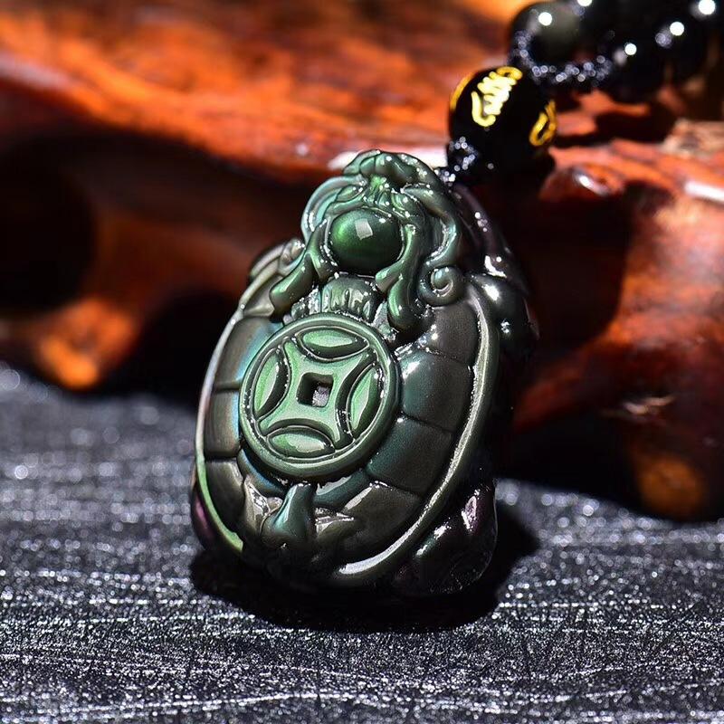 Rainbow Obsidian Feng Shui Tortoise Turtle Protection Pendant Necklace