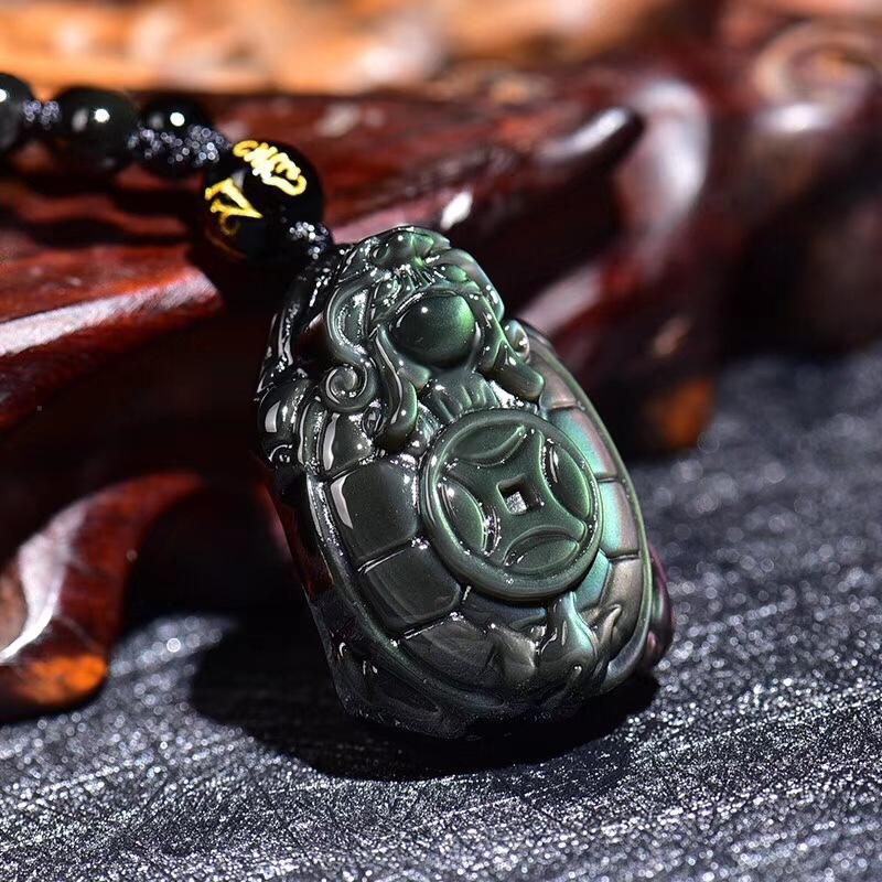 Rainbow Obsidian Feng Shui Tortoise Turtle Protection Pendant Necklace