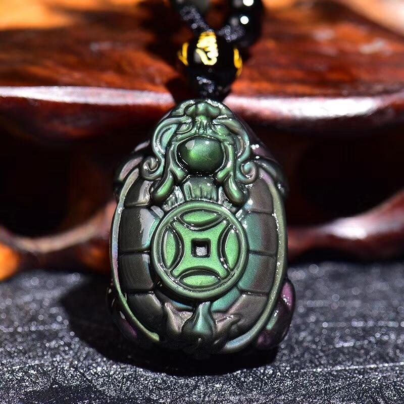 Rainbow Obsidian Feng Shui Tortoise Turtle Protection Pendant Necklace