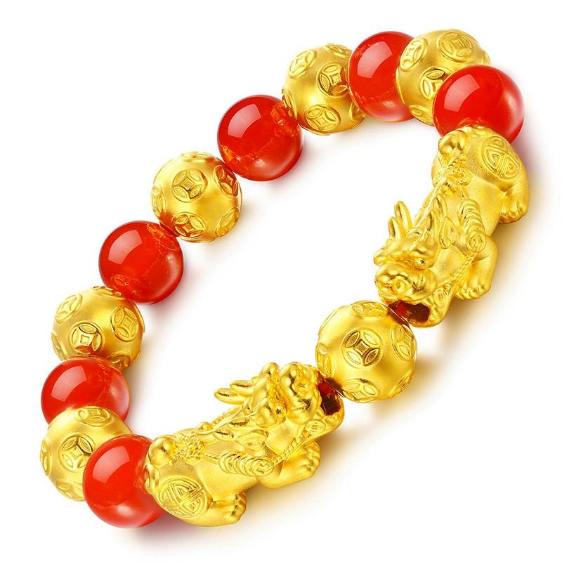 Red Agate Double 24k Gold Pixiu Wealth Bracelet