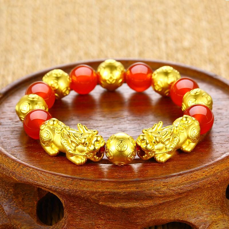 Red Agate Double 24k Gold Pixiu Wealth Bracelet