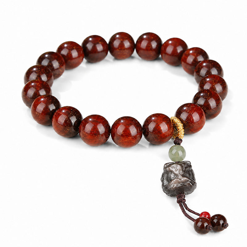 Silver Obsidian Lion Dance Head Sandalwood Bracelet-Grounded Resolve