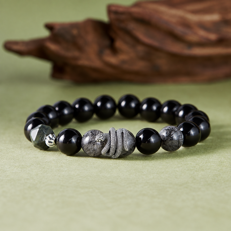 Serpent Shadow-Obsidian & Black Rutilated Quartz Snake Bracelet