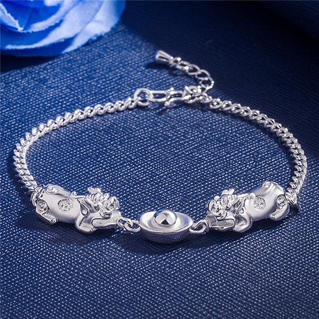 Silver Double Pixiu Ingot Wealth&Lucky Bracelet