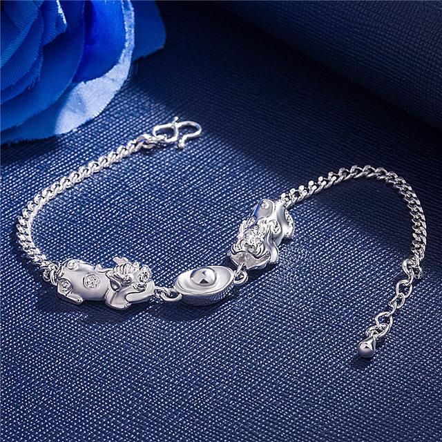 Silver Double Pixiu Ingot Wealth&Lucky Bracelet