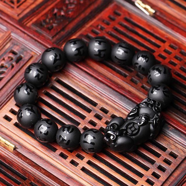Six Words Pixiu Wealth Mantra Obsidian Bracelet