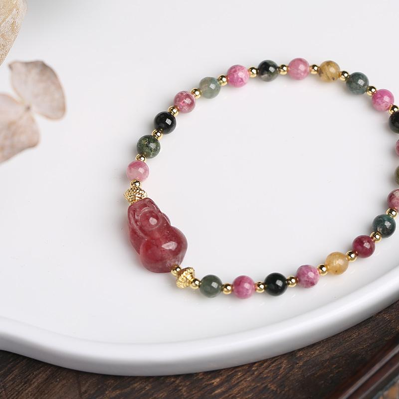 Strawberry Crystal Pixiu Tourmaline Bead Bracelet