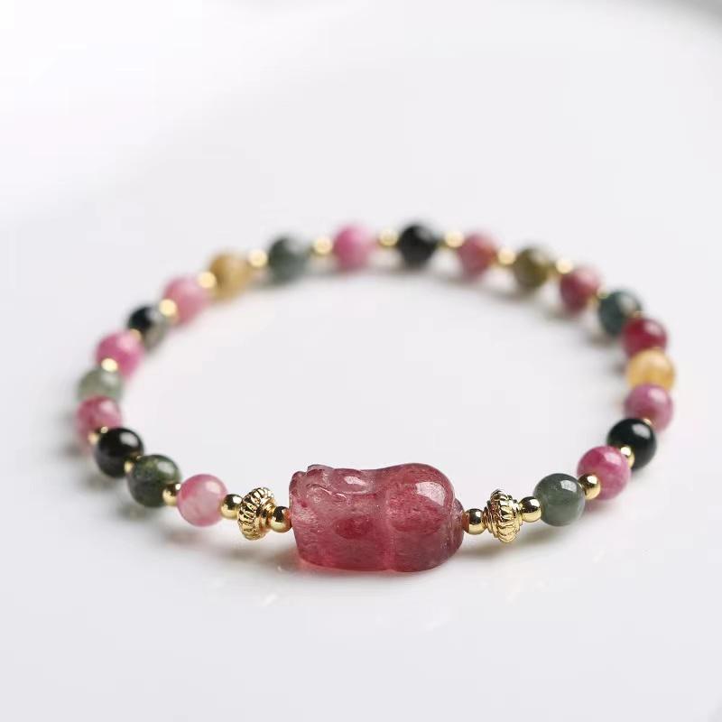 Strawberry Crystal Pixiu Tourmaline Bead Bracelet