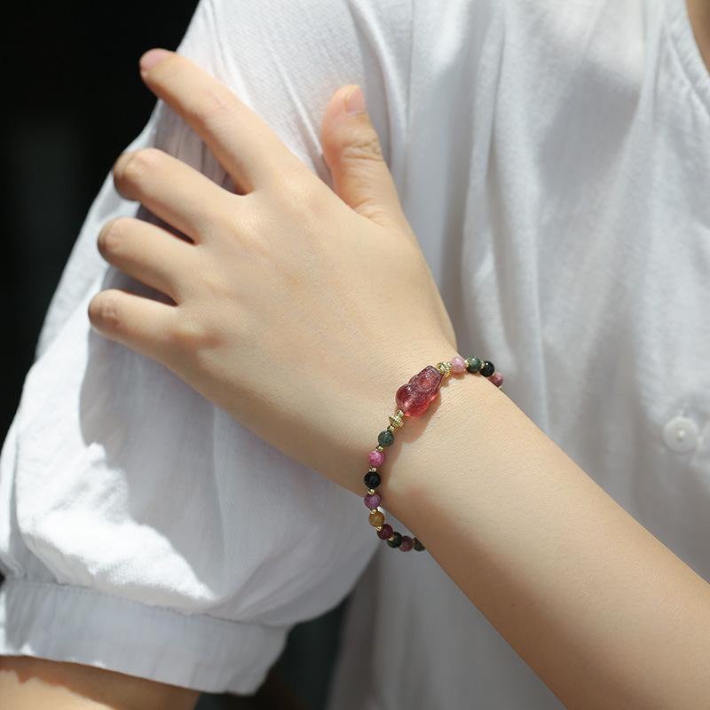 Strawberry Crystal Pixiu Tourmaline Bead Bracelet