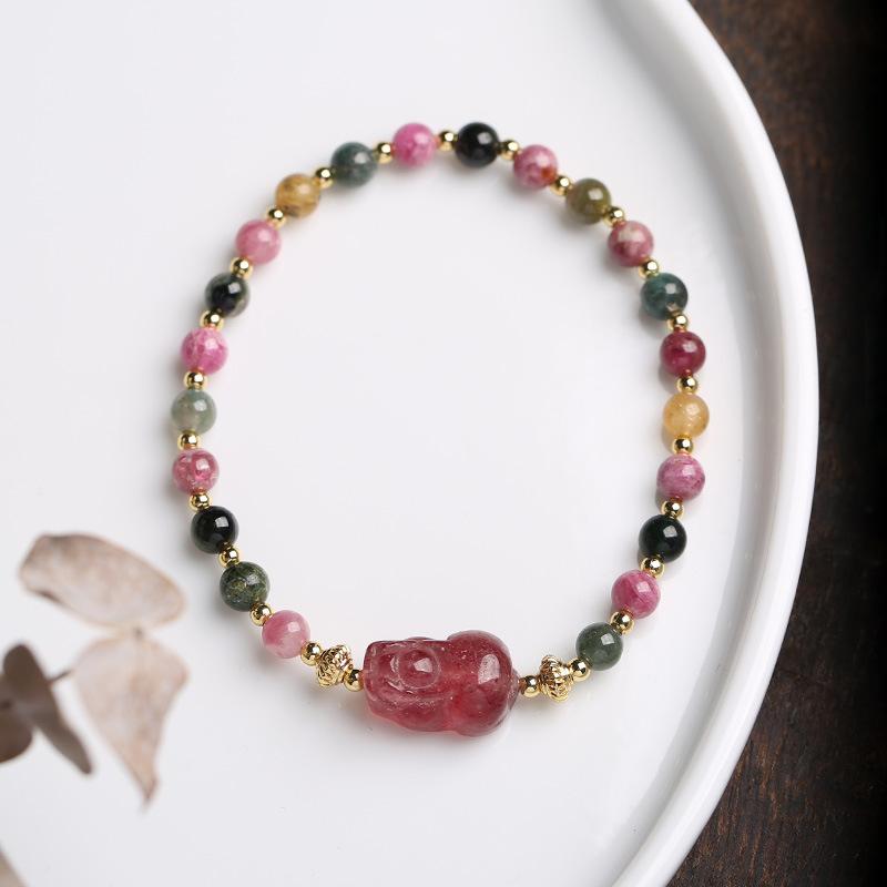 Strawberry Crystal Pixiu Tourmaline Bead Bracelet