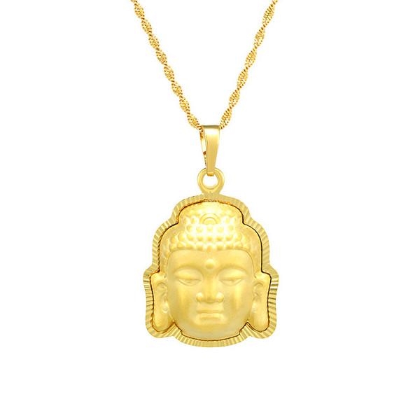 Tathagata Buddha Head Pendant Necklace 14K Yellow Gold