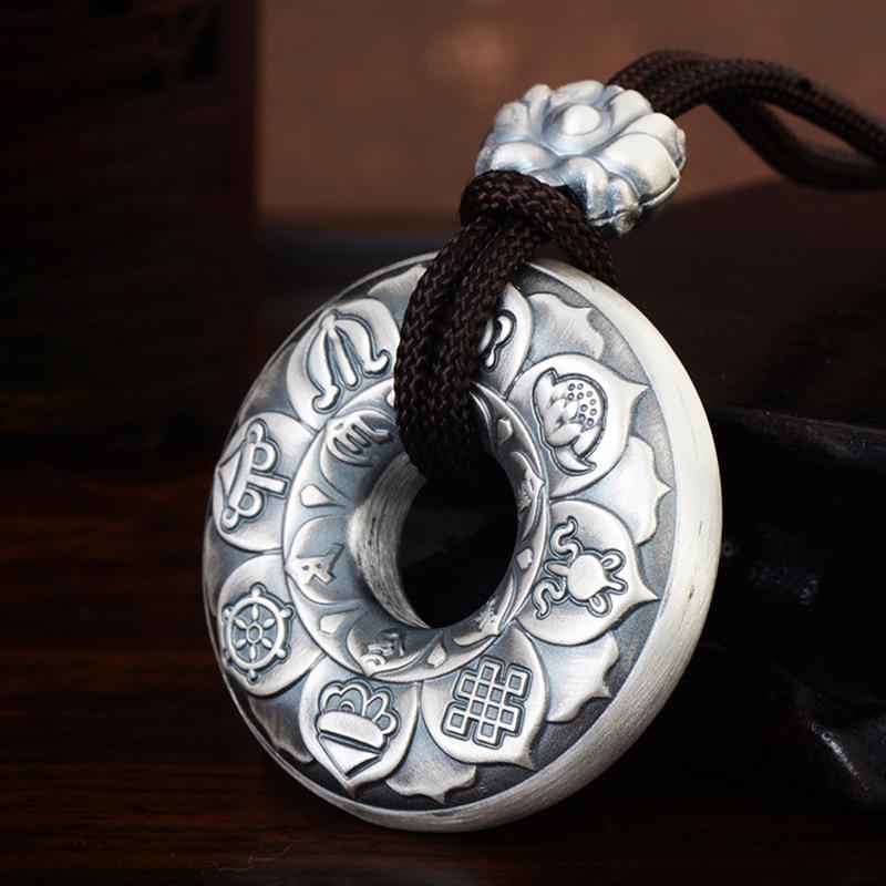 Tibetan Ashtamangala Six-True-Words Mantra Silver Pendant