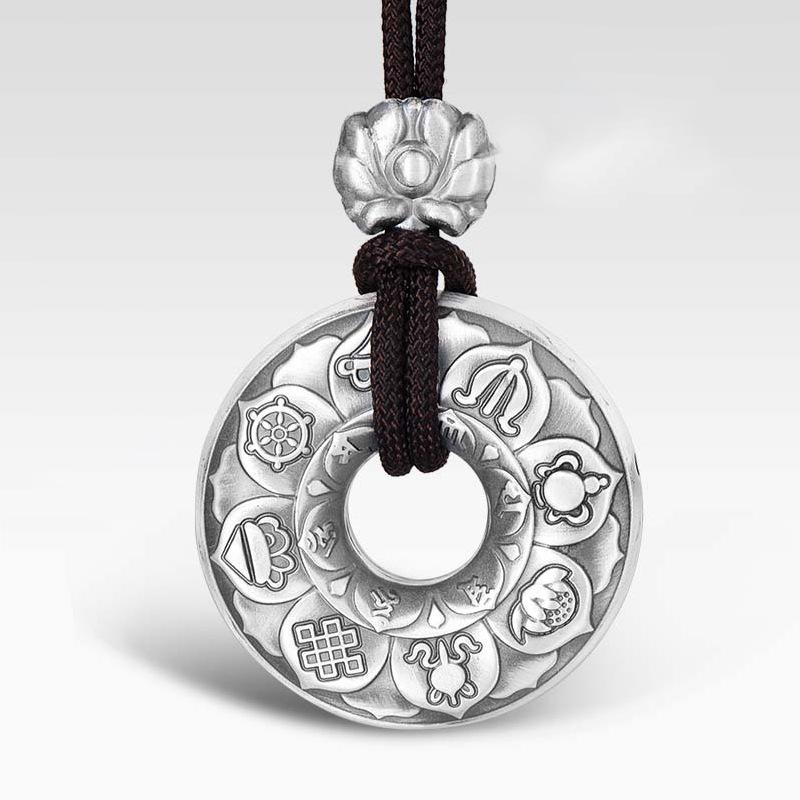 Tibetan Ashtamangala Six-True-Words Mantra Silver Pendant