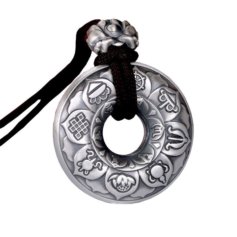 Tibetan Ashtamangala Six-True-Words Mantra Silver Pendant