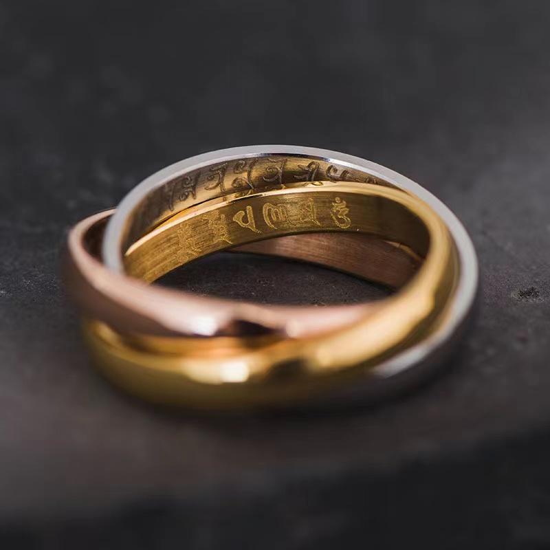 Tibetan Buddhist Six True Words Mantra Triple Interlocked Silver Ring
