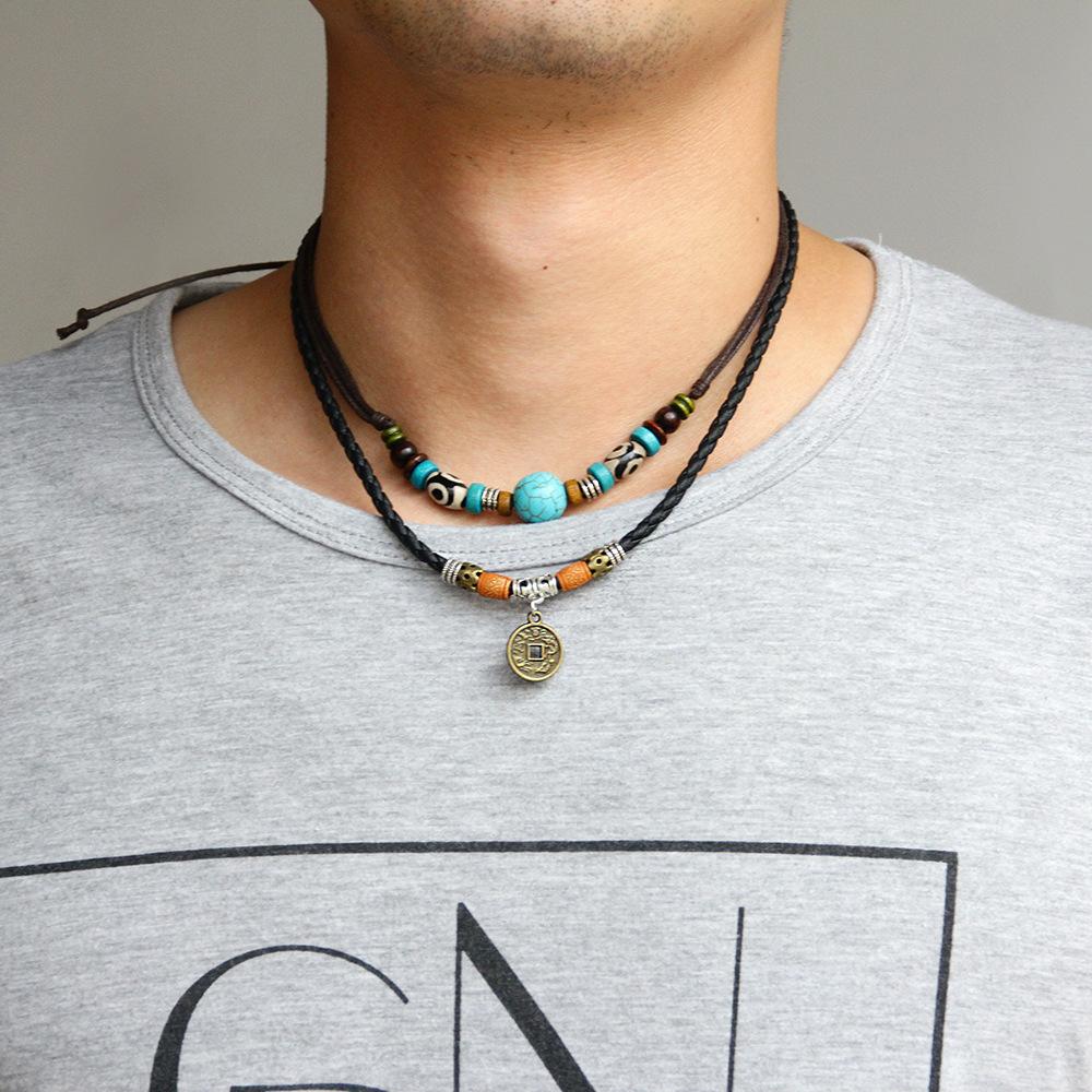 Tibetan Dzi Beads Turquoise Mantra Coin Protection Leather Necklace