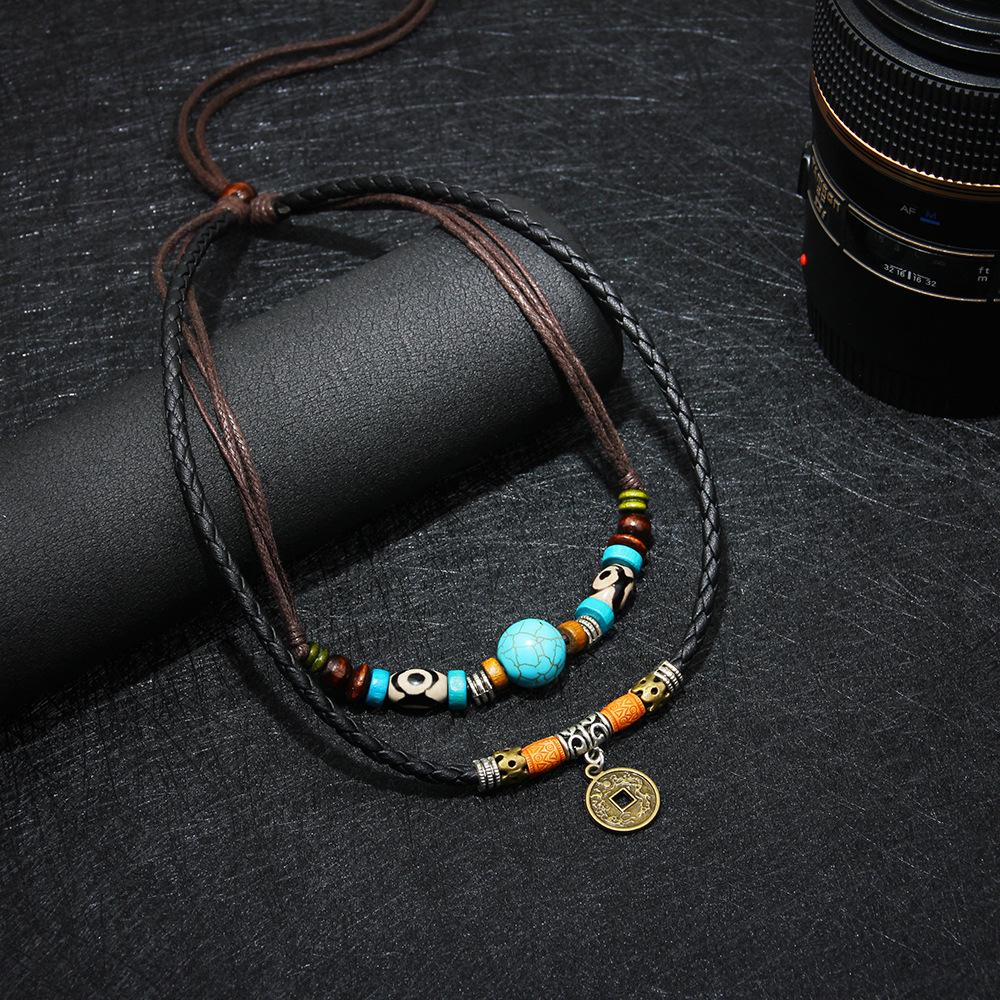 Tibetan Dzi Beads Turquoise Mantra Coin Protection Leather Necklace