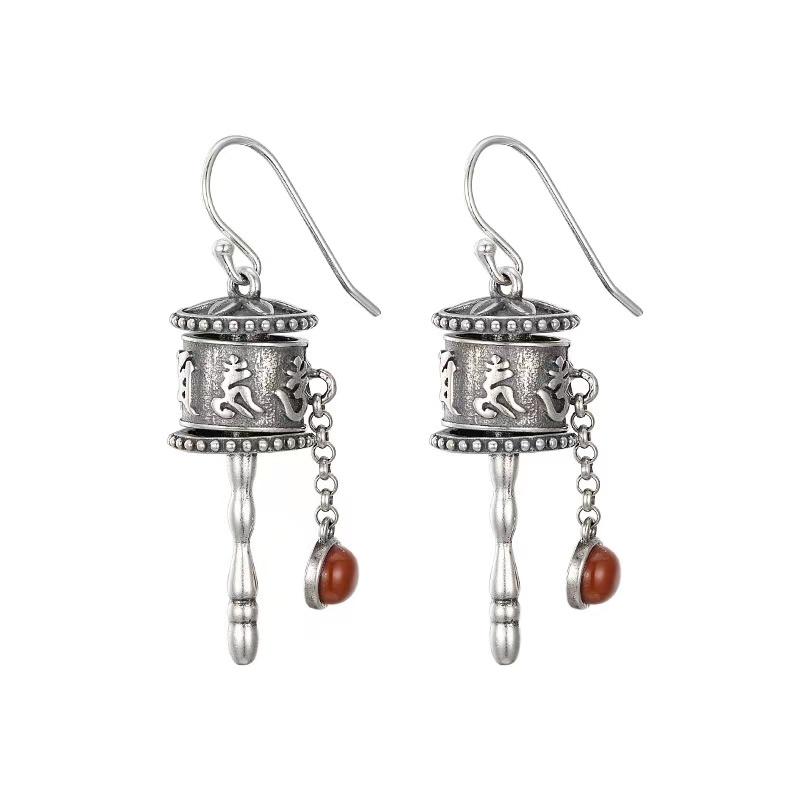 925 Silver Tibetan Prayer Wheel Agate Pendant & Earrings-Calm Motion