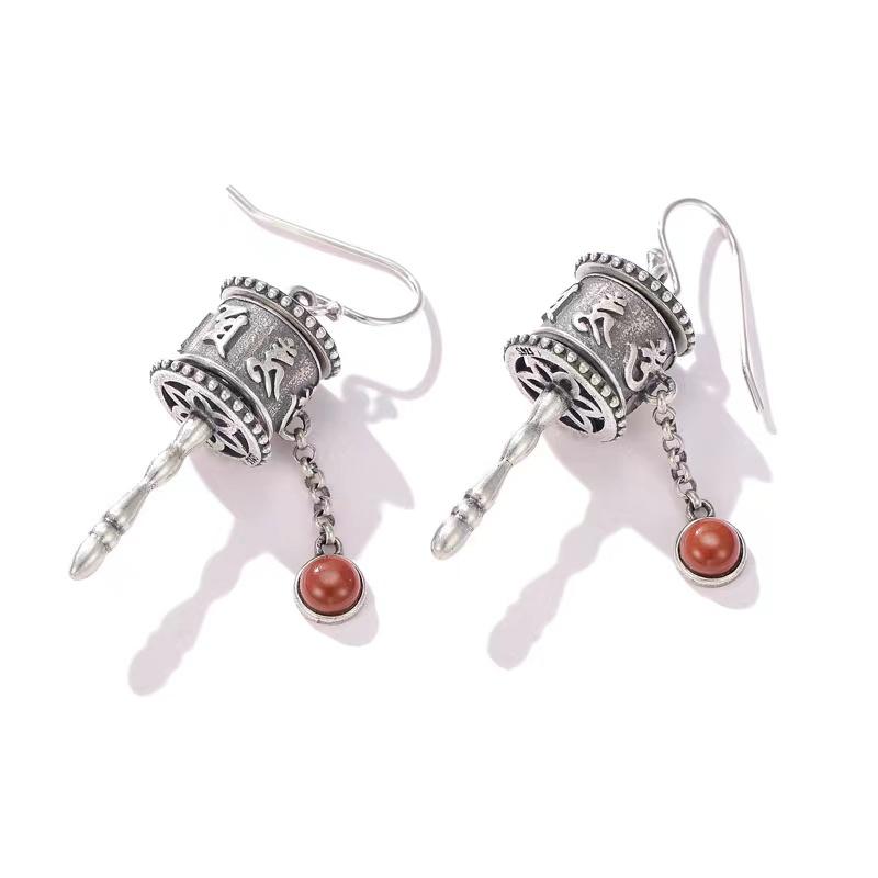 925 Silver Tibetan Prayer Wheel Agate Pendant & Earrings-Calm Motion