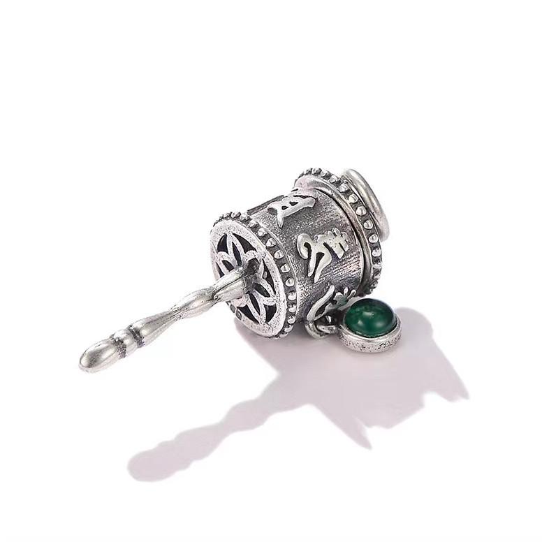 925 Silver Tibetan Prayer Wheel Agate Pendant & Earrings-Calm Motion