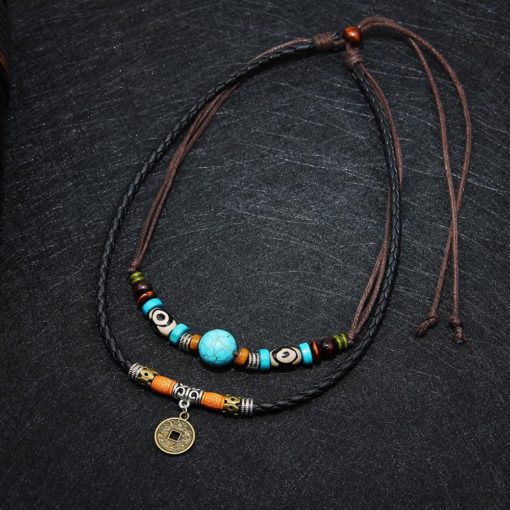Tibetan Turquoise Dzi Beads Mantra Coin Amulet Necklace