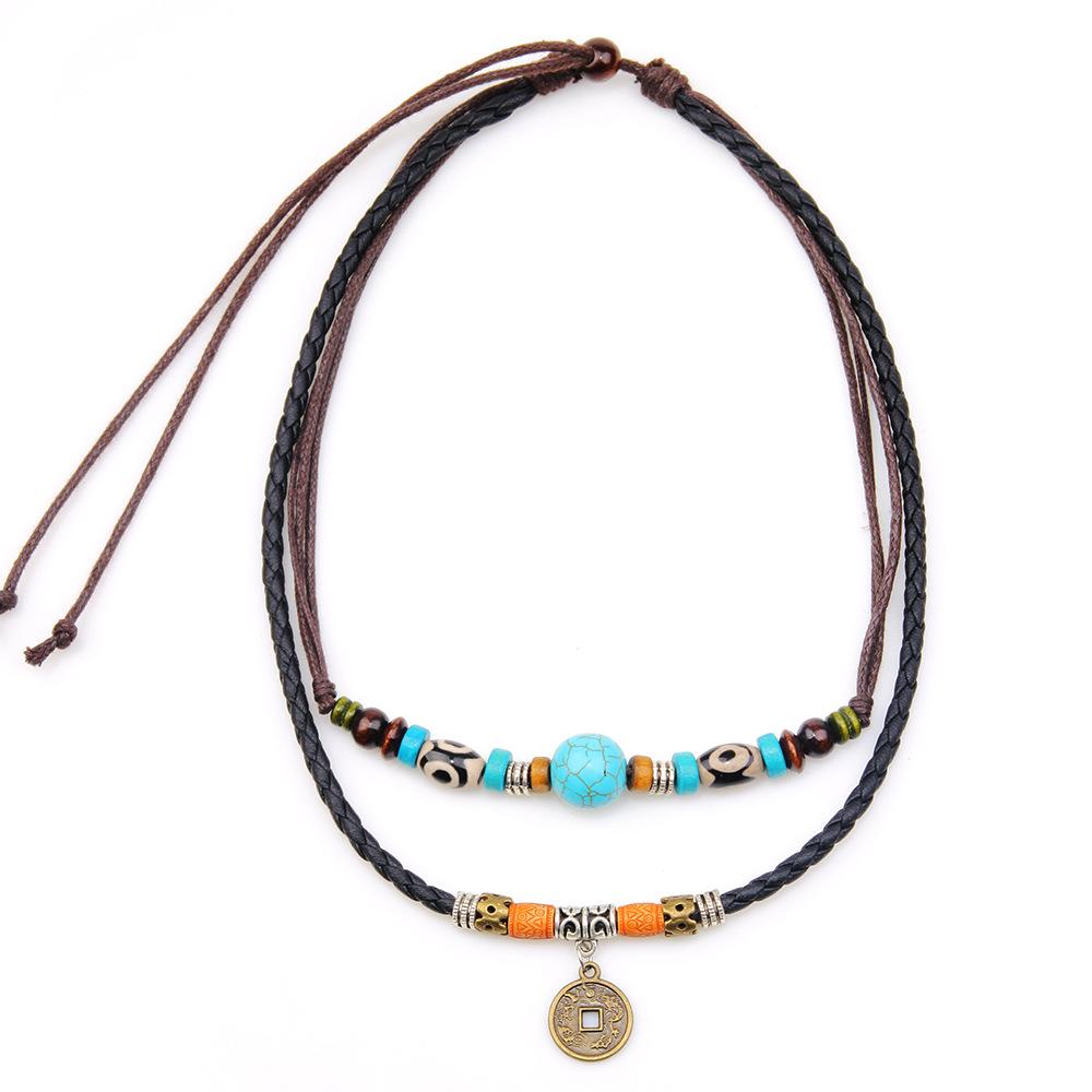 Tibetan Turquoise Dzi Beads Mantra Coin Amulet Necklace