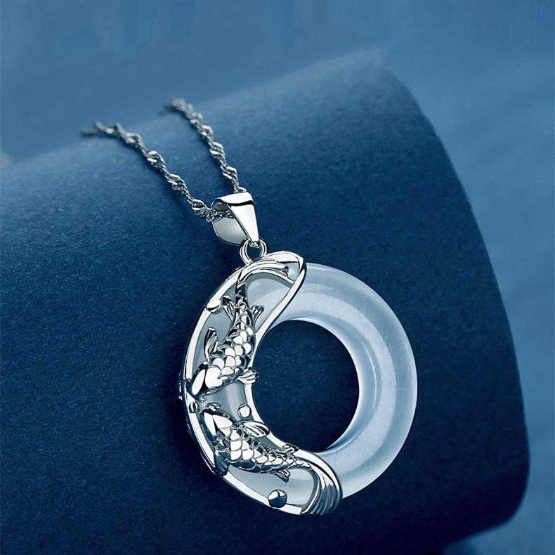 Wealth Koi Fish Moonstone 925 Silver Pendant Necklace
