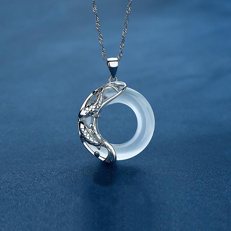 Wealth Koi Fish Moonstone 925 Silver Pendant Necklace