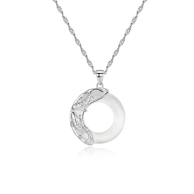 Wealth Koi Fish Moonstone 925 Silver Pendant Necklace