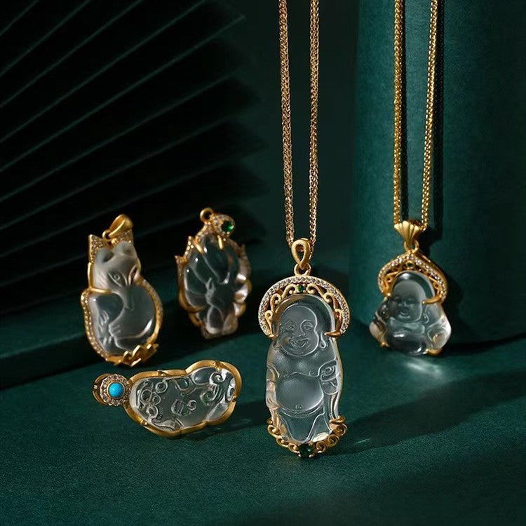 White Crystal Laughing Buddha Lucky Necklace