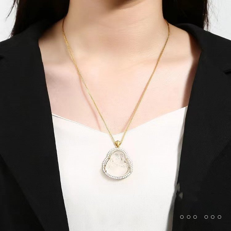 White Crystal Laughing Buddha Lucky Necklace