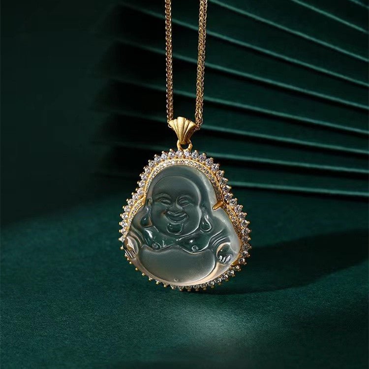 White Crystal Laughing Buddha Lucky Necklace