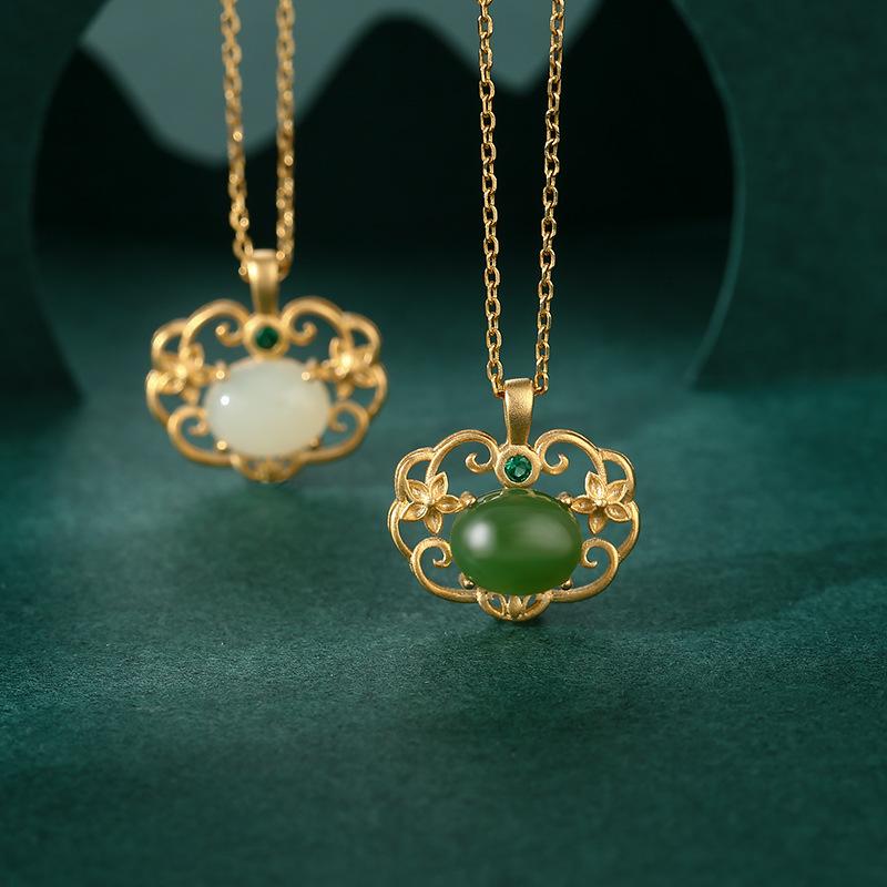 White Jade 18K Gold Plated 925 Silver Fengshui Necklace