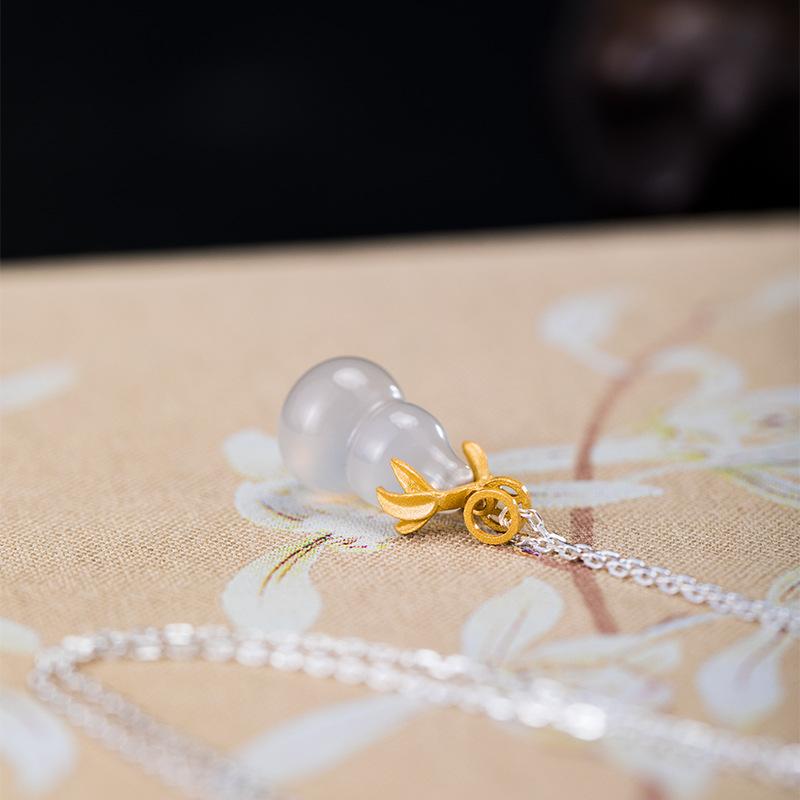 White Jade Calabash Gold Coin Knot Wealth Pendant 925 Silver Necklace