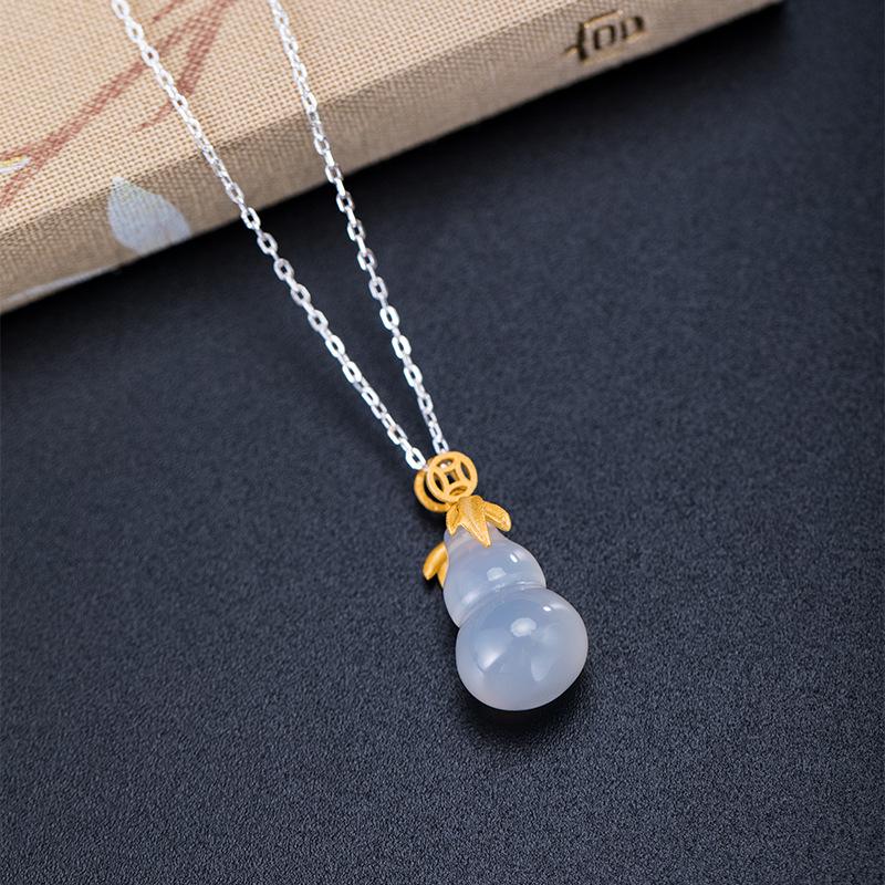 White Jade Calabash Gold Coin Knot Wealth Pendant 925 Silver Necklace