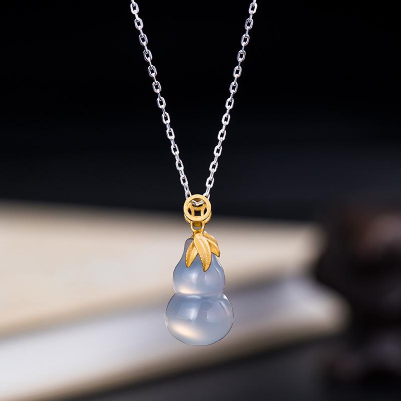 White Jade Calabash Gold Coin Knot Wealth Pendant 925 Silver Necklace
