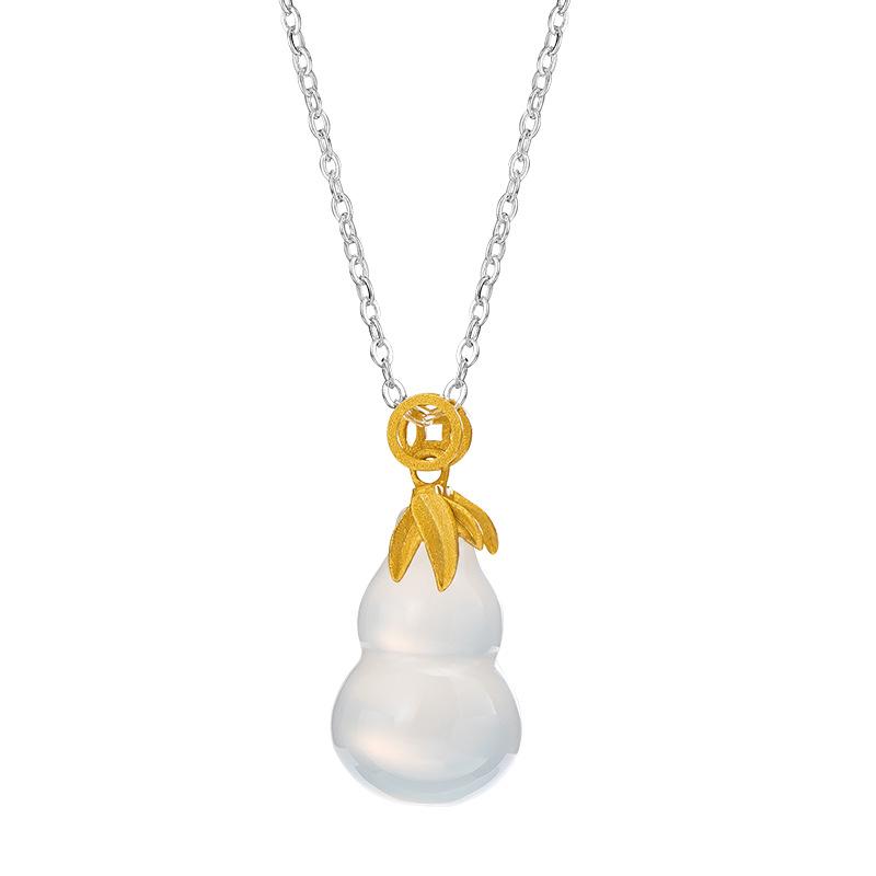 White Jade Calabash Gold Coin Knot Wealth Pendant 925 Silver Necklace