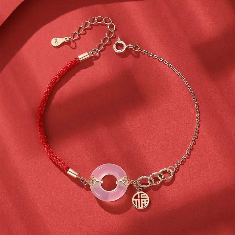 White Jade Fu Red String Bracelet