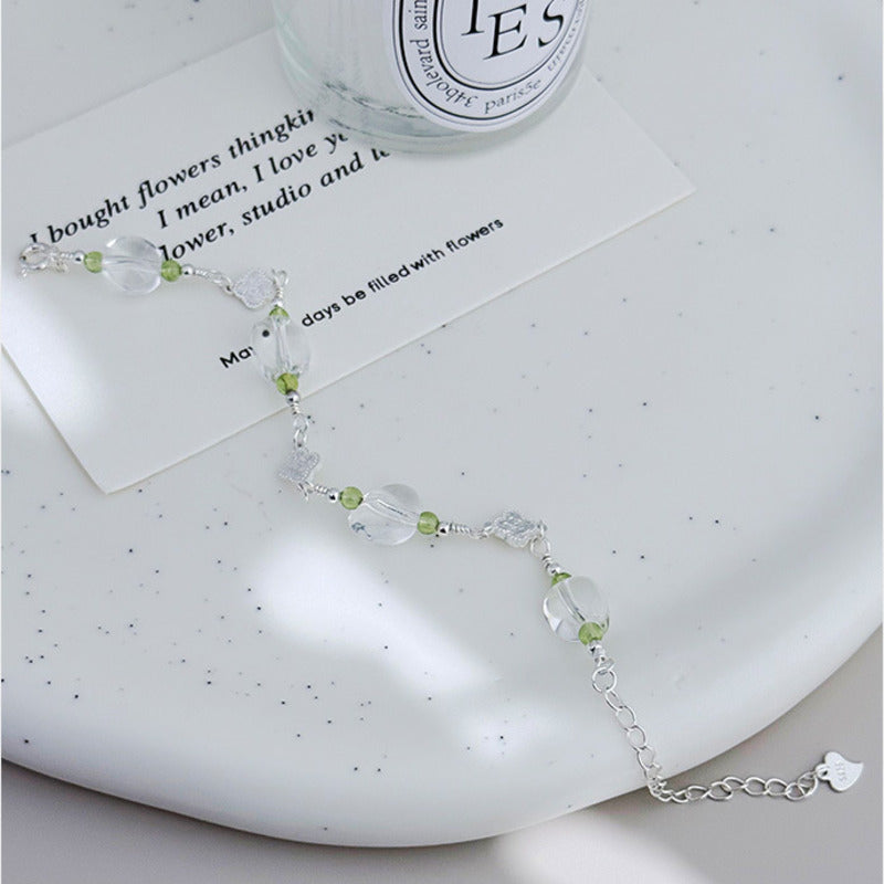 White Quartz Clover Peridot Bracelet-Gentle Clarity