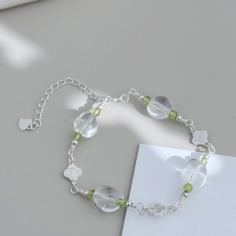 White Quartz Clover Peridot Bracelet-Gentle Clarity