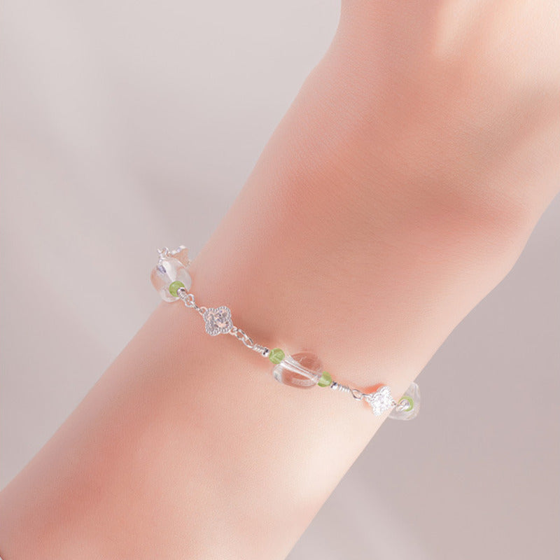 White Quartz Clover Peridot Bracelet-Gentle Clarity