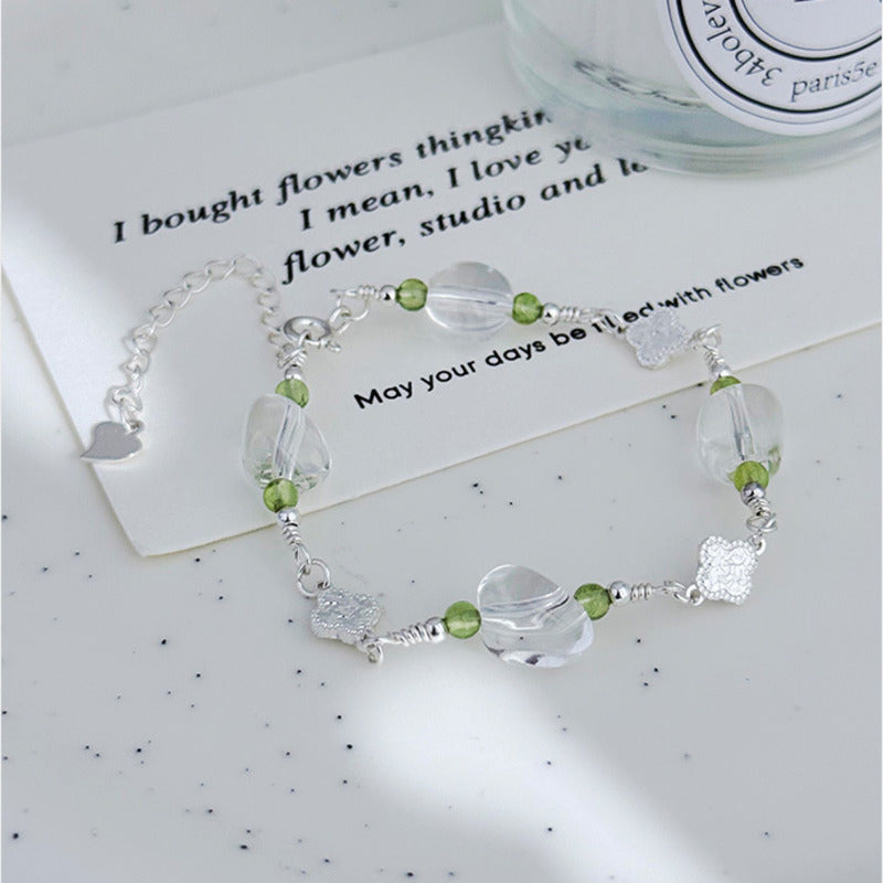 White Quartz Clover Peridot Bracelet-Gentle Clarity