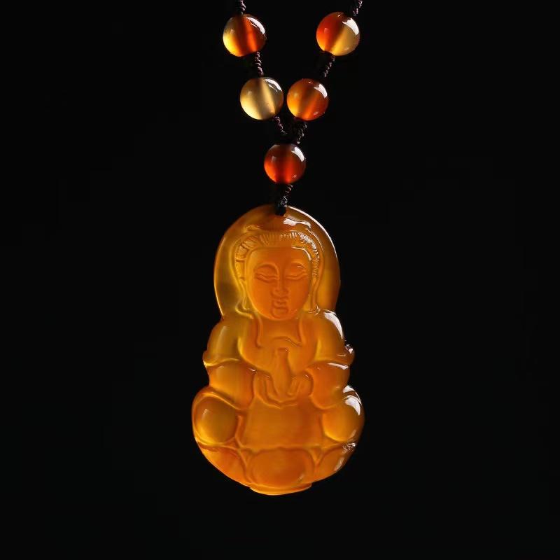 Yellow Chalcedony Guan Yin Buddha Pendant Necklace