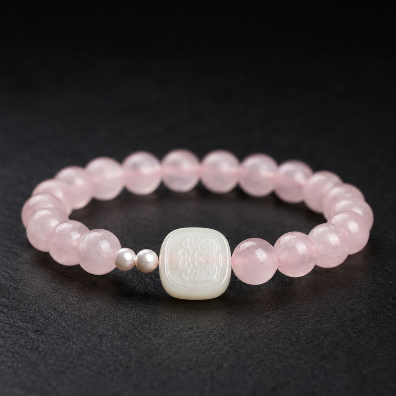 White Jade Zashi Lhamo Rose Quartz Bracelet-Auspicious Encounters
