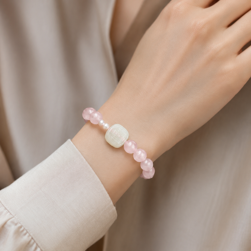 White Jade Zashi Lhamo Rose Quartz Bracelet-Auspicious Encounters